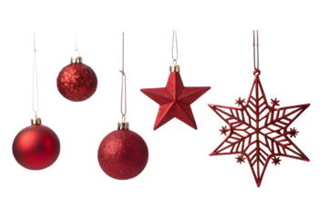 Five red christmas ornaments hanging isolated on transparent background