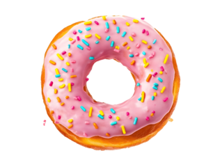 baked donut with pink frosting and colorful sprinkles isolated on transparent background
