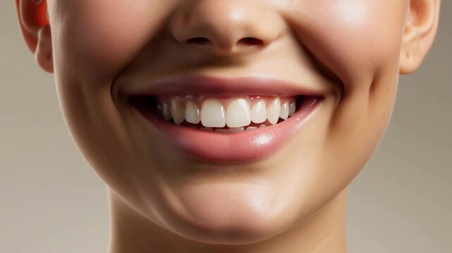 A radiant smile displaying healthy teeth and charming dimples. It's a close-up shot of a person smiling, their facial features highlighted by soft lighting Stock Video