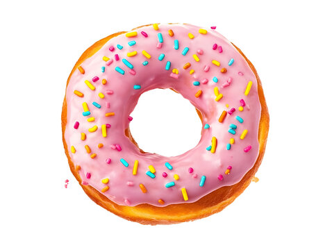 baked donut with pink frosting and colorful sprinkles isolated on transparent background - Powered by Adobe
