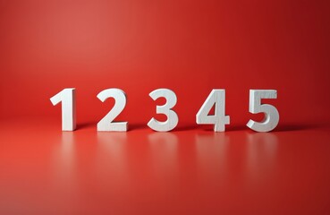White wooden numbers one to five stand in row on red surface. Simple count sequence, basic math, learning numbers, order, progress. Numbers for business, sale, score, game. Education concept. Copy