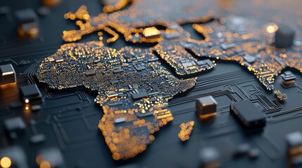 A detailed close-up of a circuit board shaped like a world map, with illuminated elements on a dark background, representing technology and global connectivity.