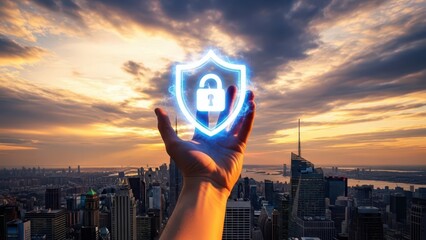 Cybersecurity Concept with Digital Shield over City at Sunset