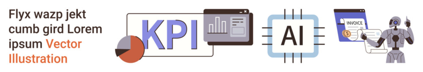 Business management, AI technology, financial analytics, data-driven decisions, robotic automation, corporate tools. KPI chart, AI symbol and robot presenting data. Business management and AI