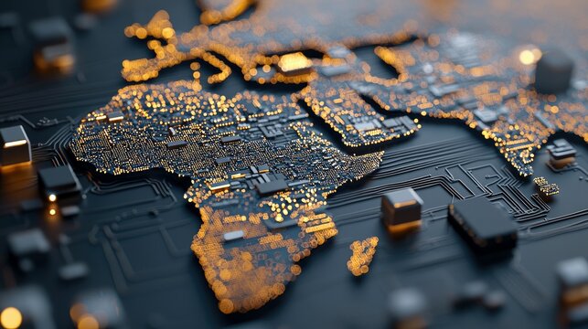 A detailed close-up of a circuit board shaped like a world map, with illuminated elements on a dark background, representing technology and global connectivity.
