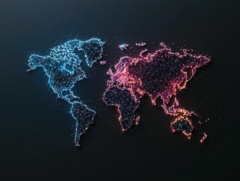 A digital illustration of a world map formed by interconnected glowing lines, set against a dark background, showcasing global connectivity and data visualizati