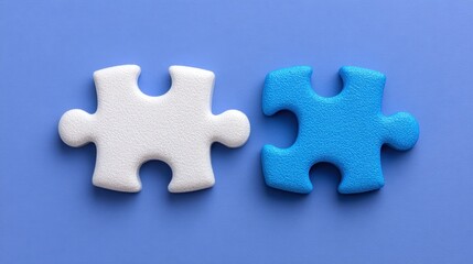 Fototapeta premium Two Interlocking Puzzle Pieces in White and Blue on a Light Blue Background Representing Problem Solving and Teamwork Concepts in Creative Settings