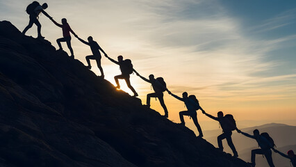 Inspiring teamwork as hikers help each other reach mountain summit Genarative AI