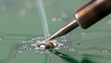 Close-up of Soldering Iron Tip on Green Circuit Board