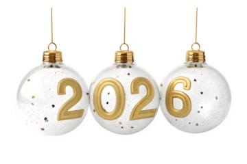 Three white christmas ornaments with the year 2026 isolated on transparent background