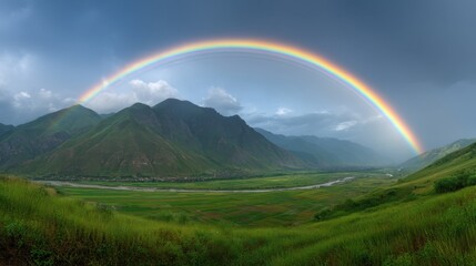 Fototapeta premium Stunning Panoramic Landscape View Featuring a Vibrant Rainbow Arching Over Lush Green Mountains and Serene Valley Under Dramatic Skies