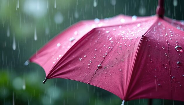 Vibrant pink umbrella seen outdoors during heavy rainfall. Smooth surface covered with many glistening water droplets, large beads. Clear raindrops bead up on wet waterproof fabric. Soft, blurred