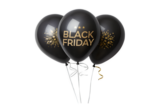 Black friday balloons with gold lettering isolated on transparent background