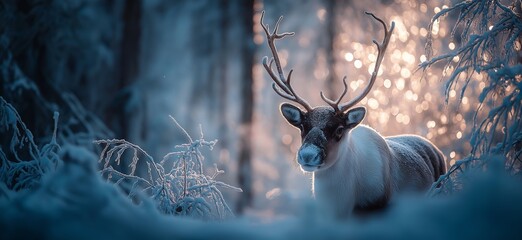 Fototapeta premium Reindeer standing in snowy forest with magical Christmas lights. Reindeer standing in deep snow, illuminated by magical Christmas lights in a winter forest
