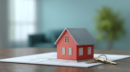 Miniature house model on blueprint with keys on wooden table in bright interior, representing real estate, home design, and property ownership aspirations