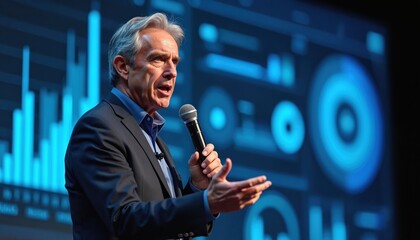 Mature man in suit gives speech. He holds microphone gestures with hands. Background shows data visualizations. Speaker presents digital transformation ideas at conference.