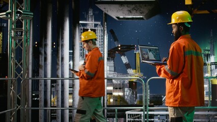 African american worker perform inspection and emission tracking on offshore drilling rig at night,...