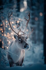 Fototapeta premium Reindeer standing in snowy forest with magical Christmas lights. Reindeer standing in deep snow, illuminated by magical Christmas lights in a winter forest