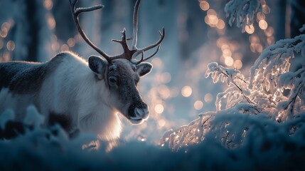 Fototapeta premium Reindeer standing in snowy forest with magical Christmas lights. Reindeer standing in deep snow, illuminated by magical Christmas lights in a winter forest