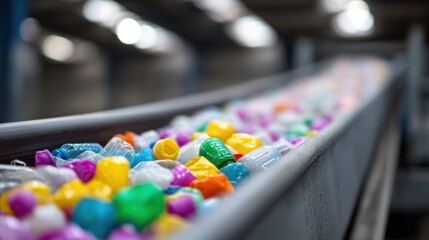 Colorful plastic caps and bottle tops on conveyor belt in recycling facility, showcasing waste management and sustainability efforts in action