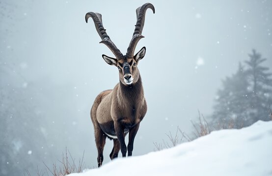 Majestic ibex stands on snowy mountain slope. Male goat with large curved horns faces camera in winter snowfall. Wild mammal survives cold environment with snow falling gently.