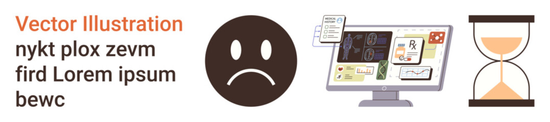 Time management, productivity, emotions, project deadlines, work-life balance, challenges. Sad face next to a computer screen and hourglass. Time management and productivity concept