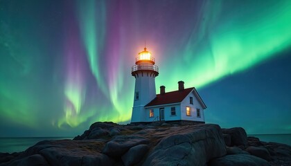 Coastal lighthouse under vibrant aurora borealis light show. Natural wonder glows green and purple above ocean. Remote building provides warmth and shelter against dark night sky.