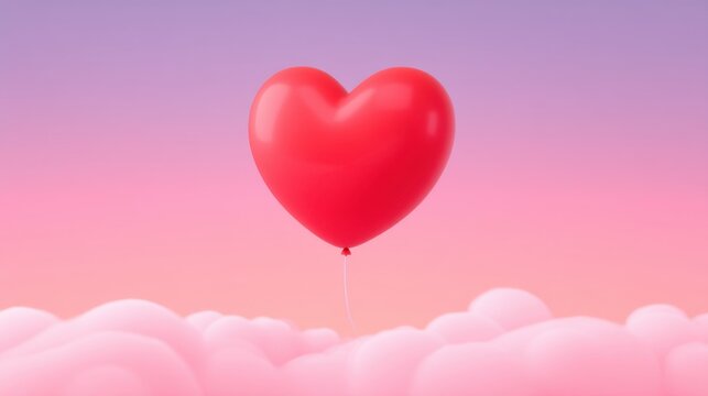 Vibrant Red Heart Balloon Floating in Soft Pink Clouds Against a Dreamy Gradient Background of Purple and Pink Hues for Romantic and Whimsical Themes