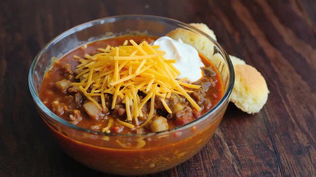 Hearty Bowl of Chili with Cheese and Sour Cream