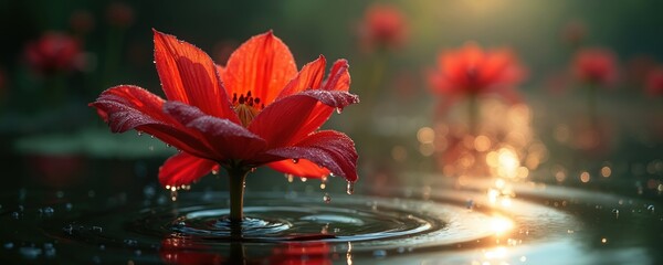 Red flower floats on water surface. Dew drops on petals reflect golden light. Ripples spread from submerged stem. Other red blossoms bloom in soft focus background.