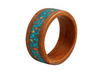 Wooden ring featuring a turquoise and colorful gemstone inlay, a handmade jewelry accessory on transparent background