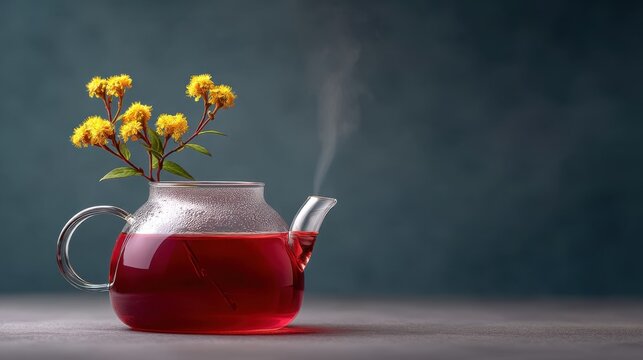 Elegant glass teapot with herbal tea and fresh yellow flowers, creating a serene atmosphere and a sense of tranquility in a calming setting