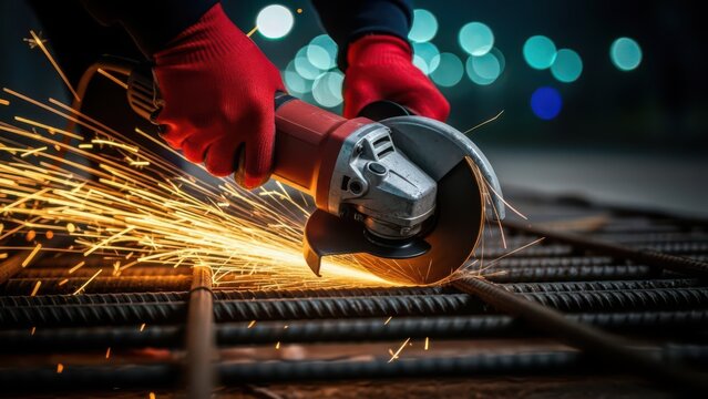 Industrial Worker Cutting Metal with Angle Grinder Creating Bright Sparks