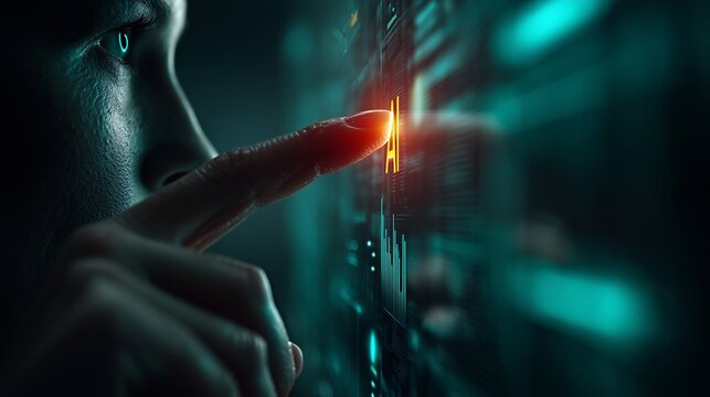 A close-up view of a person interacting with a futuristic digital display, showcasing the fusion of technology and human engagement in a modern environment. - Powered by Adobe