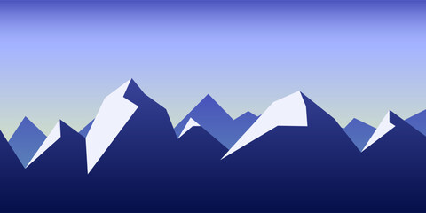 Minimalist vector landscape illustration with mountain peaks with snowy tops, and gradient sky. Perfect for backgrounds, outdoor design, and banners.