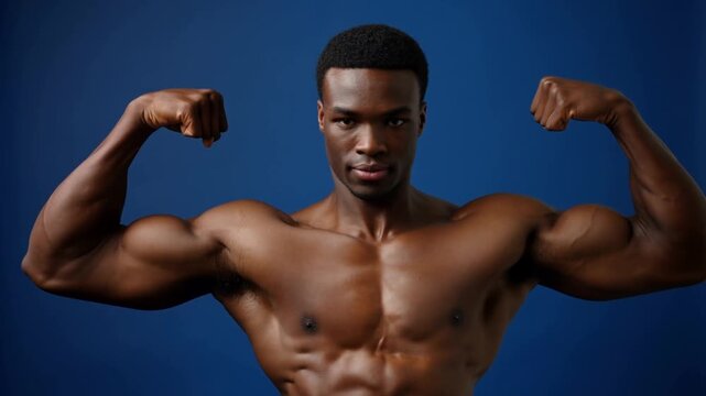 Strong man showing his muscles. A muscular, shirtless man flexing his biceps Stock Video