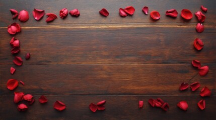 Red rose petals arranged on rustic wooden table creating a romantic frame for special occasions, perfect for love letters and wedding invitations