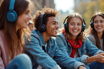 Group of happy students listen to music in headphones. Young boys and girls friends relax together enjoy audio outdoor. Teenagers smiling faces show joy and positive mood.
