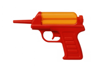 Red and orange plastic toy ray gun, a retro futuristic blaster weapon for playing and imagination, transparent background