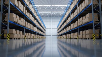 Large Modern Distribution Warehouse Aisle with Stacks of Boxes