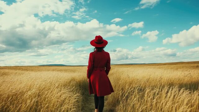 Woman in a red coat and hat looking out into the distance on a sunny day. Field with yellow grass under cloudy sky.