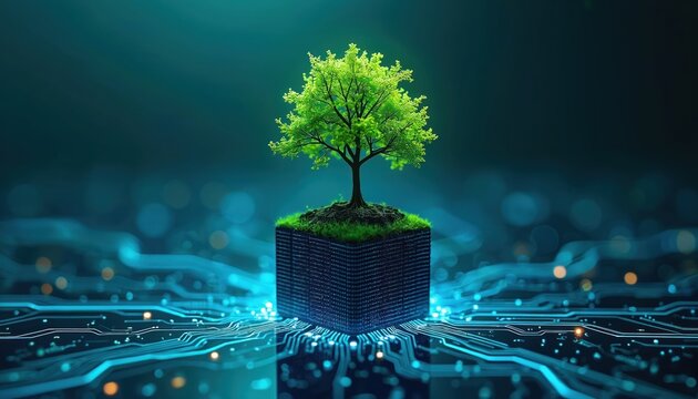 Green tree grows from soil on circuit board cube. Digital network background shows blue circuit lines and bokeh lights. Concept of green tech and computing growth.