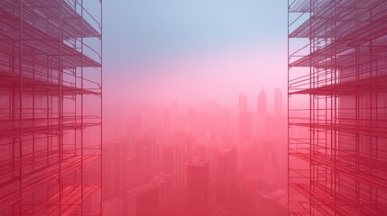 Urban skyline obscured by haze and scaffolding, showcasing a stark contrast between construction and a misty cityscape in a modern metropolitan environment