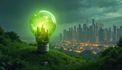 Green light bulb with cityscape inside shines on hill. Concept of eco energy, green tech, sustainability, innovation and eco friendly future urban development. Green city in the bulb near metropolis.