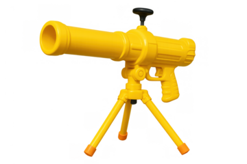 Yellow plastic toy cannon with a tripod, children’s play weapon for outdoor fun, bringing joy and imagination