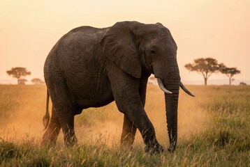 Obraz premium Large African elephant walking through tall savanna grass at golden hour