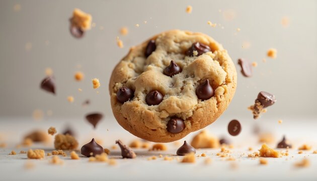 Close up of a single chocolate chip cookie falling mid air with crumbs around. This delicious sweet treat looks fresh baked and ready to eat. - Powered by Adobe