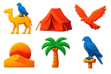 Desert Hunting Icon Set. 3D icon set of desert hunting life: falcon silhouette on camel, desert tent, flying hawk, dune sunset,