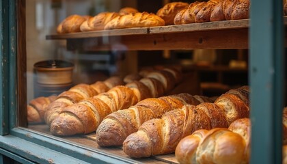 Freshly baked goods, various golden croissants, artisan bread loaves, neatly arranged in charming bakery window display. Warm brown pastries line rustic wooden shelves. Inviting street view delicious