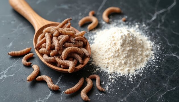 Edible mealworms in a wooden spoon with some spilled on a grey granite table. Flour powder is beside the spoon. Mealworms are used as a source of protein in culinary goods.